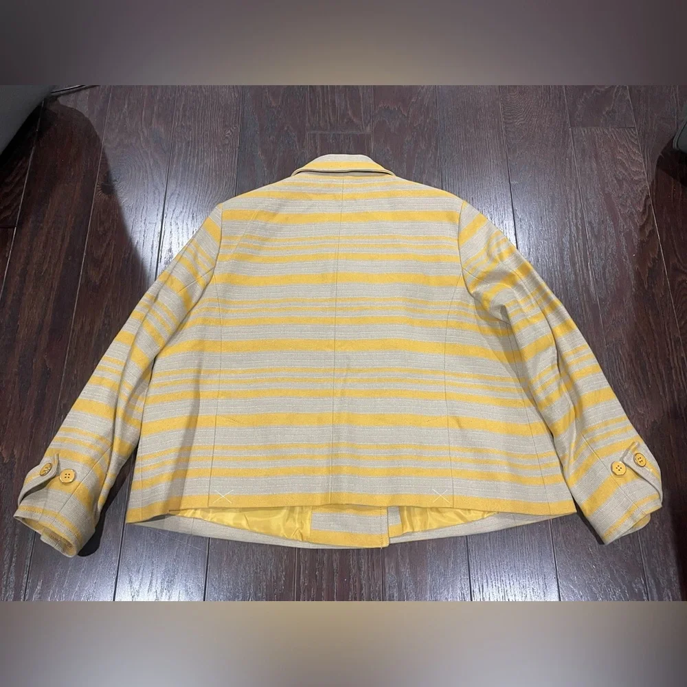 Talbots Women Career Striped Buttoned Blazer Mustard Taupe Size 16 Petite NEW